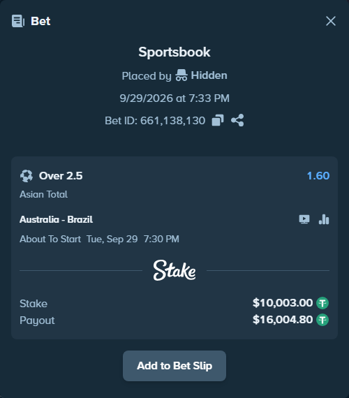 Bet slip: Australia - Brazil, $10,003.00 stake at 1.60 odds, placed by tlwns4736
