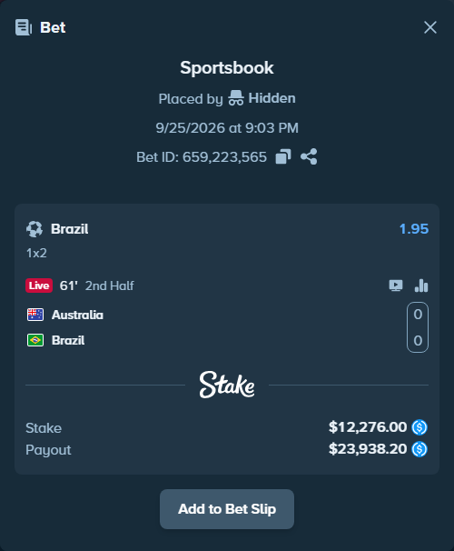 Bet slip: Australia - Brazil, $12,276.00 stake at 1.95 odds, placed by Hidden