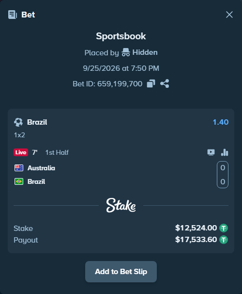 Bet slip: Australia - Brazil, $12,524.00 stake at 1.40 odds, placed by Hidden