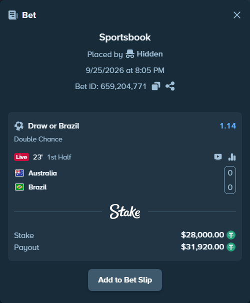 Bet slip: Australia - Brazil, $28,000.00 stake at 1.14 odds, placed by Hidden