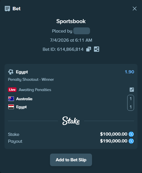 Bet slip: Australia - Egypt, $100,000.00 stake at 1.90 odds, placed by Oen1