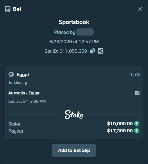 Bet slip: Australia - Egypt, $10,010.00 stake at 1.73 odds, placed by DXBMustard