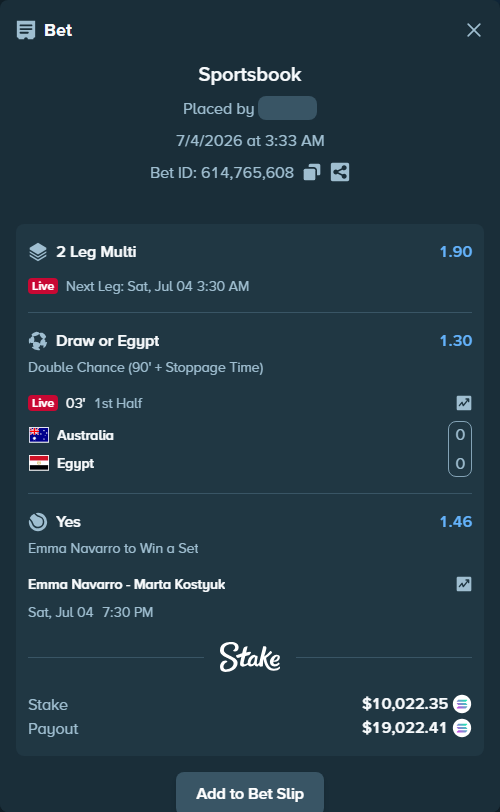 Bet slip: Australia - Egypt, $10,077.63 stake at 1.30 odds, placed by VTD