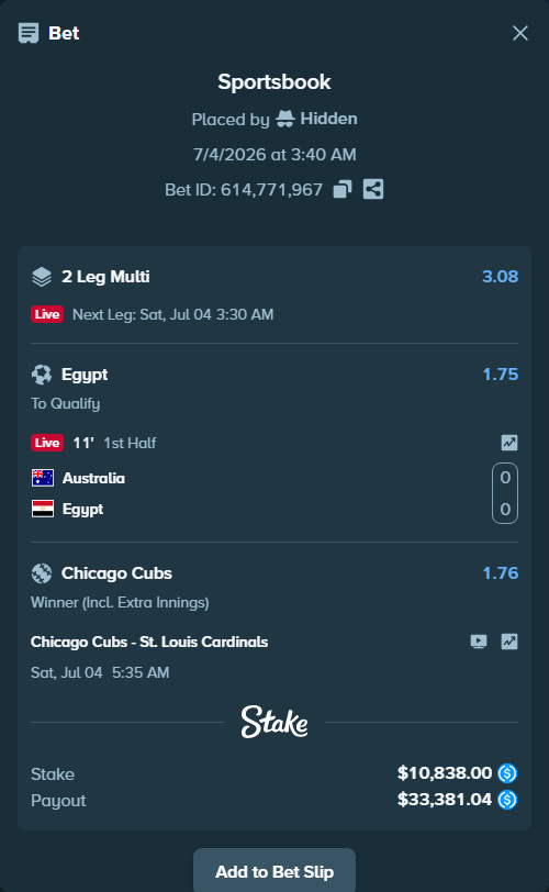 Bet slip: Australia - Egypt, $10,838.00 stake at 1.75 odds, placed by Hidden