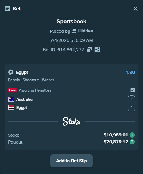 Bet slip: Australia - Egypt, $11,000.00 stake at 1.90 odds, placed by Hidden