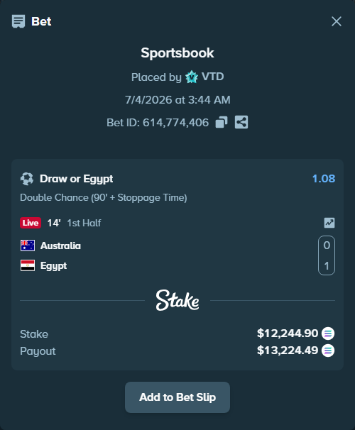 Bet slip: Australia - Egypt, $12,324.00 stake at 1.08 odds, placed by VTD