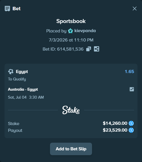 Bet slip: Australia - Egypt, $14,260.00 stake at 1.65 odds, placed by kievpanda