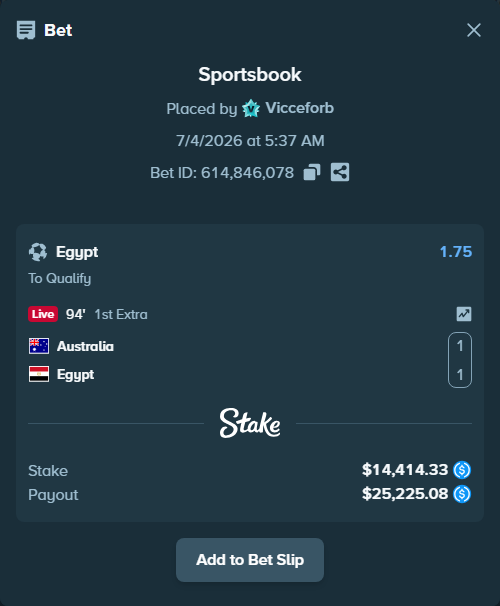 Bet slip: Australia - Egypt, $14,414.33 stake at 1.75 odds, placed by Vicceforb