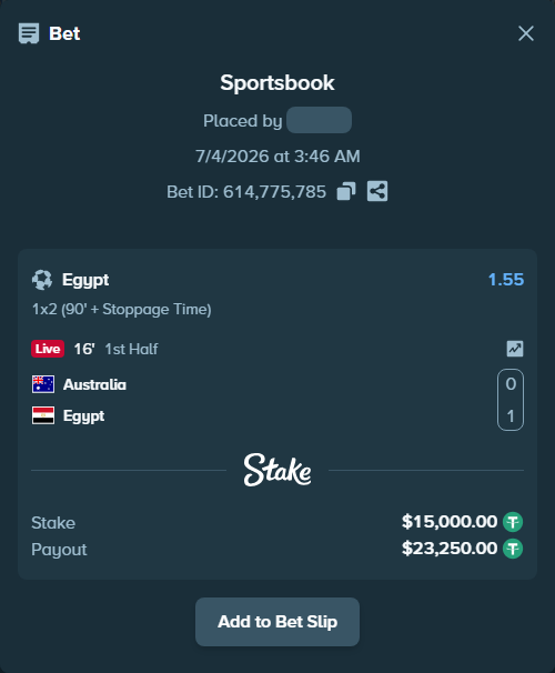 Bet slip: Australia - Egypt, $15,015.00 stake at 1.55 odds, placed by mathiasjuel