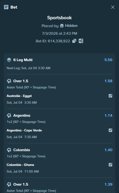 Bet slip: Australia - Egypt, $19,240.00 stake at 1.58 odds, placed by Hidden