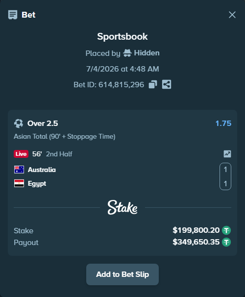 Bet slip: Australia - Egypt, $200,000.00 stake at 1.75 odds, placed by Hidden