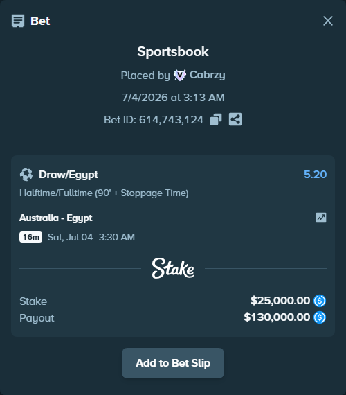Bet slip: Australia - Egypt, $25,000.00 stake at 5.20 odds, placed by Cabrzy