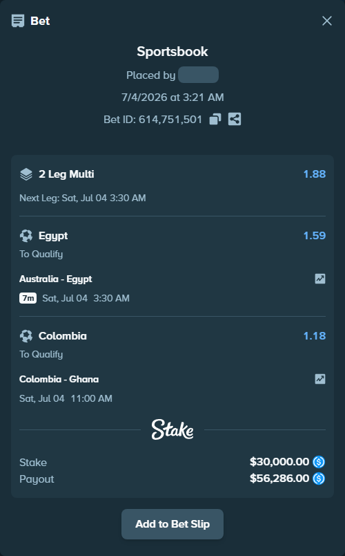 Bet slip: Australia - Egypt, $30,000.00 stake at 1.59 odds, placed by Robing001