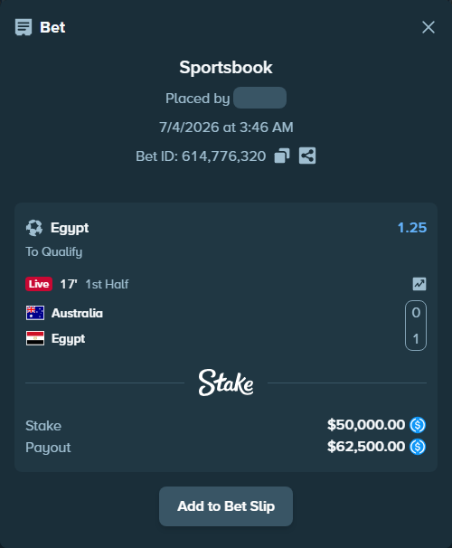 Bet slip: Australia - Egypt, $50,000.00 stake at 1.25 odds, placed by piropiro12