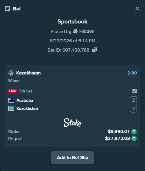 Bet slip: Australia - Kazakhstan, $10,000.00 stake at 2.80 odds, placed by Hidden