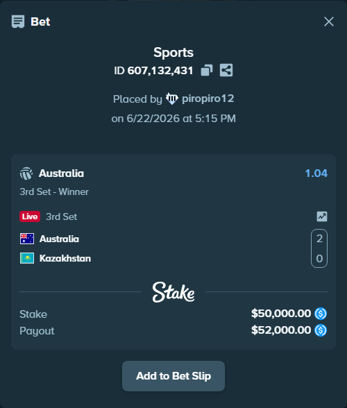 Bet slip: Australia - Kazakhstan, $50,000.00 stake at 1.04 odds, placed by piropiro12