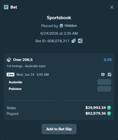 Bet slip: Australia - Pakistan, $30,023.33 stake at 3.10 odds, placed by Hidden