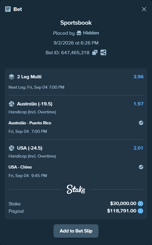 Bet slip: Australia - Puerto Rico, $30,000.00 stake at 1.97 odds, placed by Hidden