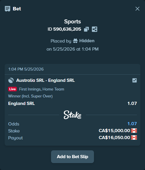 Bet slip: Australia SRL - England SRL, $11,100.00 stake at 1.07 odds, placed by Hidden