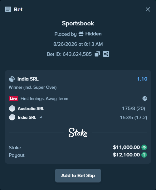 Bet slip: Australia SRL - India SRL, $11,000.00 stake at 1.10 odds, placed by Hidden