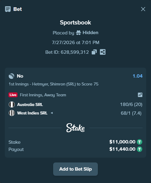Bet slip: Australia SRL - West Indies SRL, $11,000.00 stake at 1.04 odds, placed by Hidden