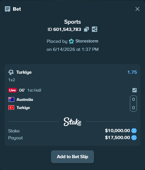 Bet slip: Australia - Turkiye, $10,000.00 stake at 1.75 odds, placed by Storestorm