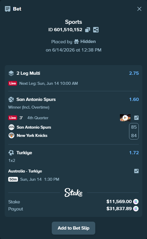 Bet slip: Australia - Turkiye, $12,340.04 stake at 1.72 odds, placed by Hidden