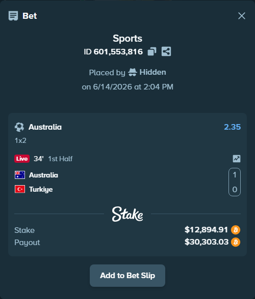 Bet slip: Australia - Turkiye, $12,866.00 stake at 2.35 odds, placed by Baddy3130