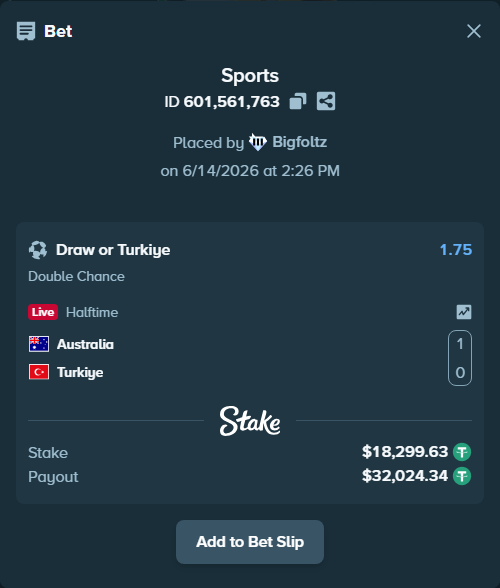 Bet slip: Australia - Turkiye, $18,317.93 stake at 1.75 odds, placed by Bigfoltz
