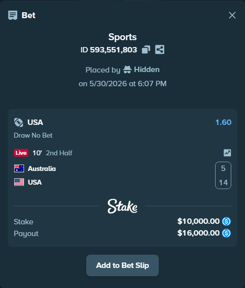 Bet slip: Australia - USA, $10,000.00 stake at 1.60 odds, placed by Hidden
