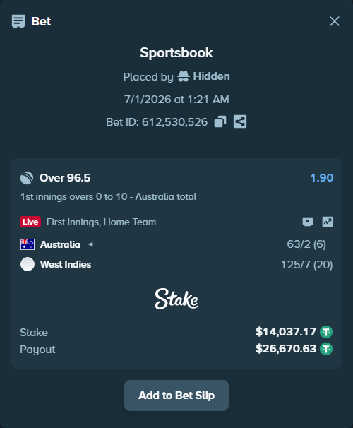 Bet slip: Australia - West Indies, $14,065.25 stake at 1.90 odds, placed by Hidden