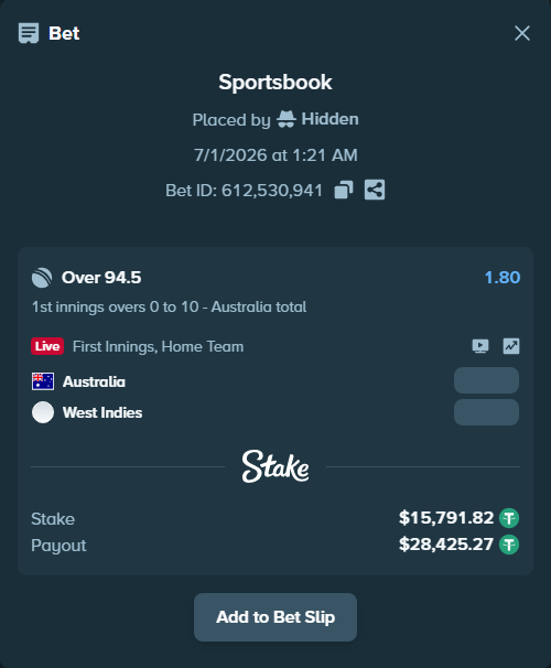 Bet slip: Australia - West Indies, $15,823.40 stake at 1.80 odds, placed by Hidden