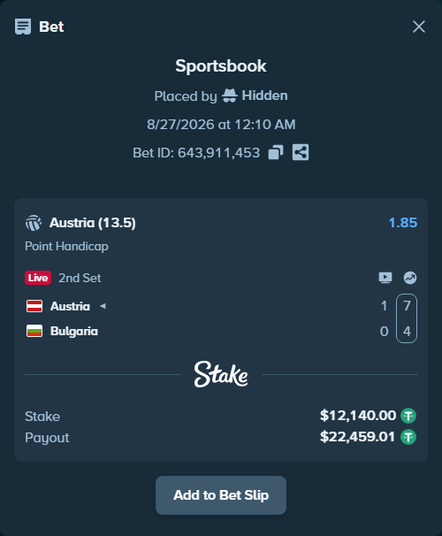 Bet slip: Austria - Bulgaria, $12,140.00 stake at 1.85 odds, placed by Hidden