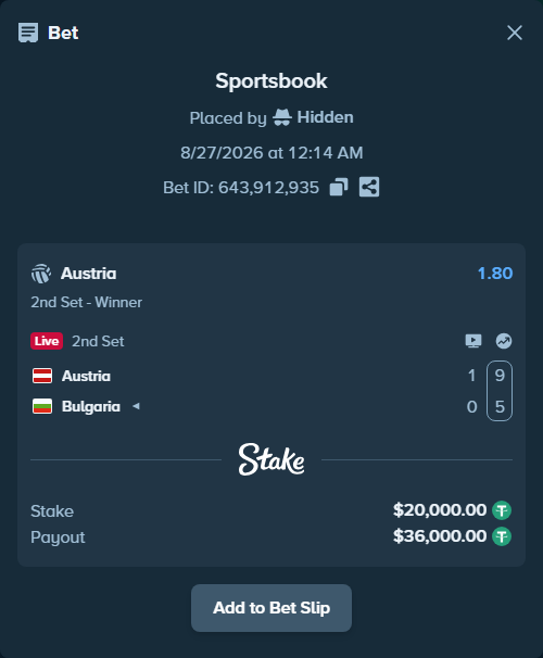 Bet slip: Austria - Bulgaria, $20,000.00 stake at 1.80 odds, placed by Hidden