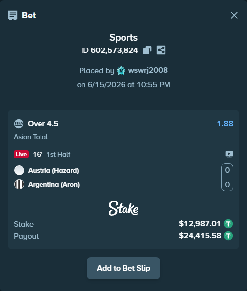 Bet slip: Austria (Hazard) - Argentina (Aron), $13,000.00 stake at 1.88 odds, placed by wswrj2008