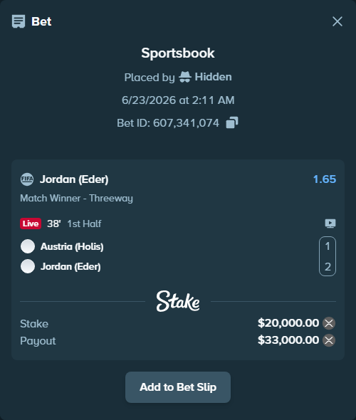 Bet slip: Austria (Holis) - Jordan (Eder), $18,423.84 stake at 1.65 odds, placed by Hidden