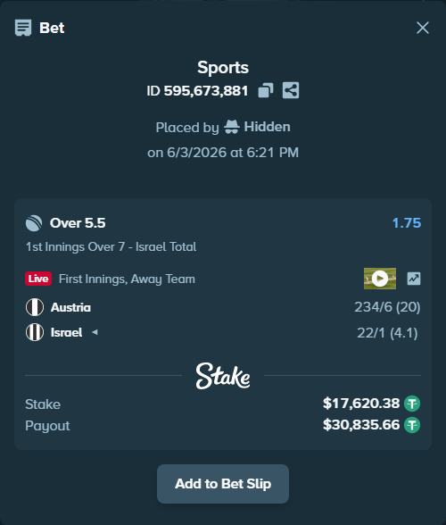 Bet slip: Austria - Israel, $17,638.00 stake at 1.75 odds, placed by Hidden