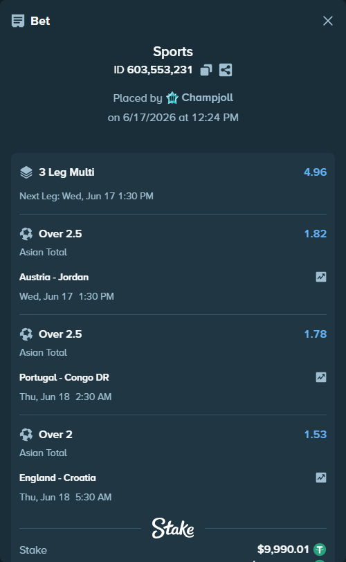 Bet slip: Austria - Jordan, $10,000.00 stake at 1.82 odds, placed by Champjoll