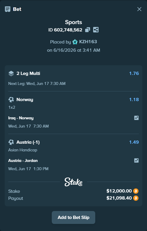 Bet slip: Austria - Jordan, $11,548.52 stake at 1.49 odds, placed by KZH163