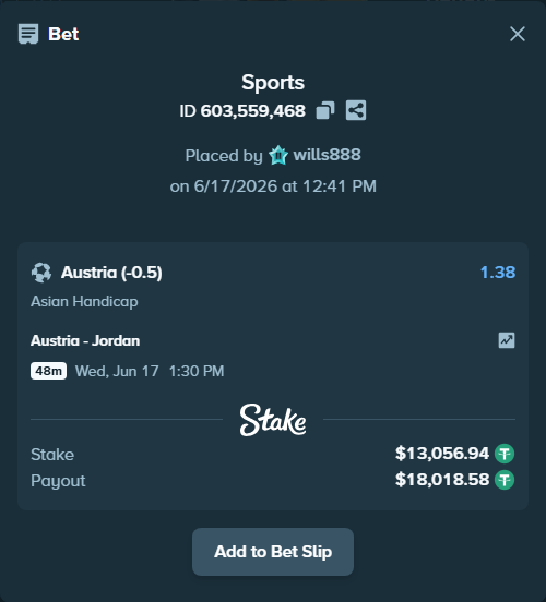Bet slip: Austria - Jordan, $13,070.00 stake at 1.38 odds, placed by wills888