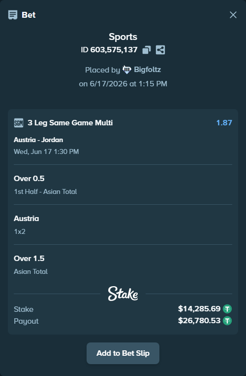 Bet slip: Austria - Jordan, $14,299.98 stake at 1.34 odds, placed by Bigfoltz