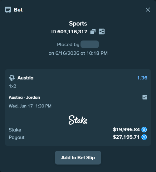 Bet slip: Austria - Jordan, $19,996.84 stake at 1.36 odds, placed by hanemerl10