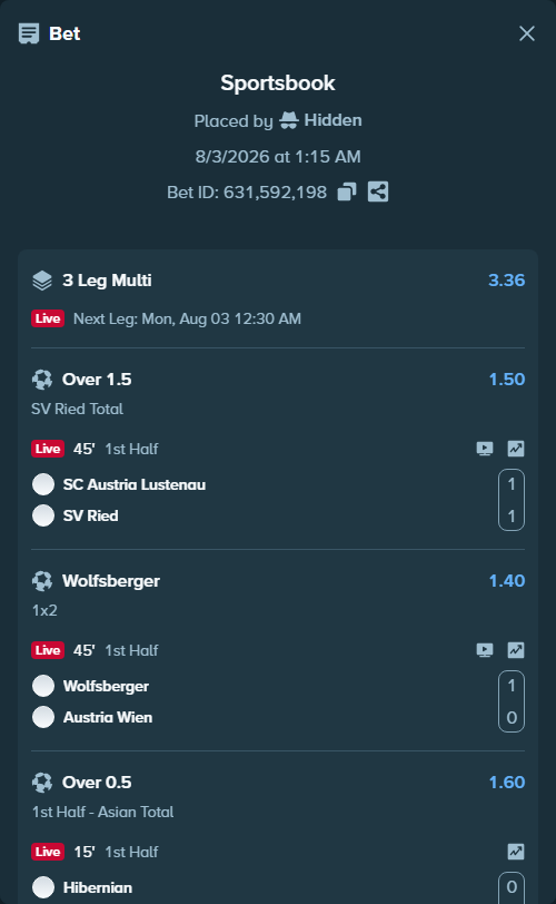 Bet slip: Austria Lustenau - SV Ried, $177,346.29 stake at 1.50 odds, placed by Hidden