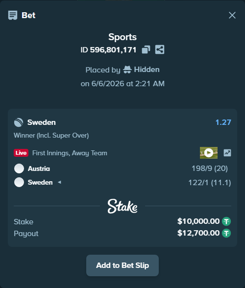 Bet slip: Austria - Sweden, $10,000.00 stake at 1.27 odds, placed by Hidden