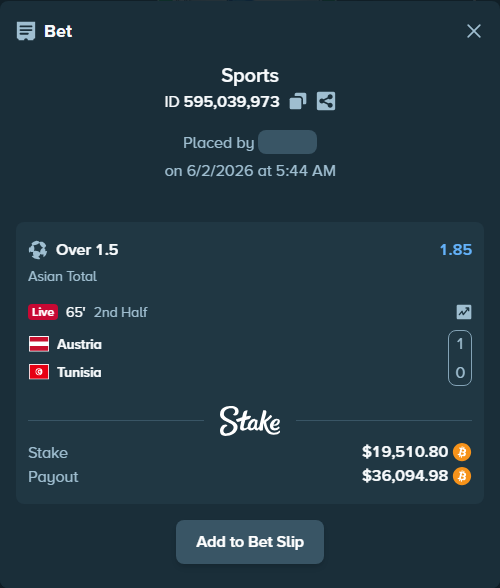 Bet slip: Austria - Tunisia, $17,559.27 stake at 1.85 odds, placed by ninafreak