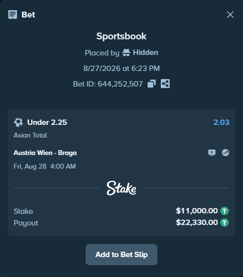 Bet slip: Austria Wien - Braga, $11,000.00 stake at 2.03 odds, placed by Hidden