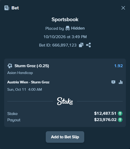 Bet slip: Austria Wien - Sturm Graz, $12,500.00 stake at 1.92 odds, placed by Hidden