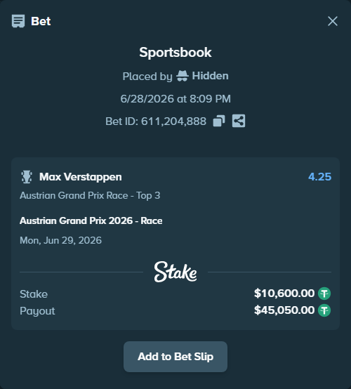 Bet slip: Austrian Grand Prix 2026 - Race, $10,610.60 stake at 4.25 odds, placed by Hidden