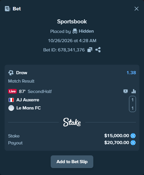 Bet slip: Auxerre - Le Mans, $15,000.00 stake at 1.38 odds, placed by Charskjerdal
