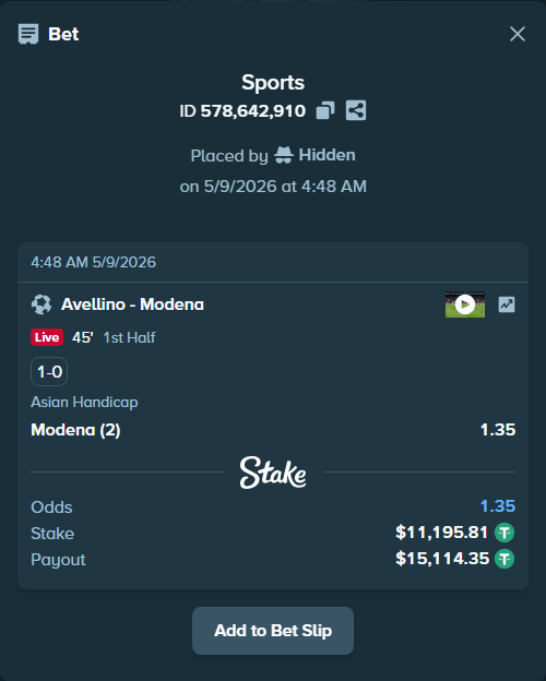 Bet slip: Avellino - Modena, $11,195.81 stake at 1.35 odds, placed by Hidden